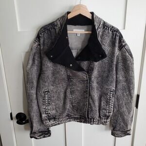 Y2K Something Navy Womens L-XL Black Denim Jacket Sherpa Collar AcidWash Trucker